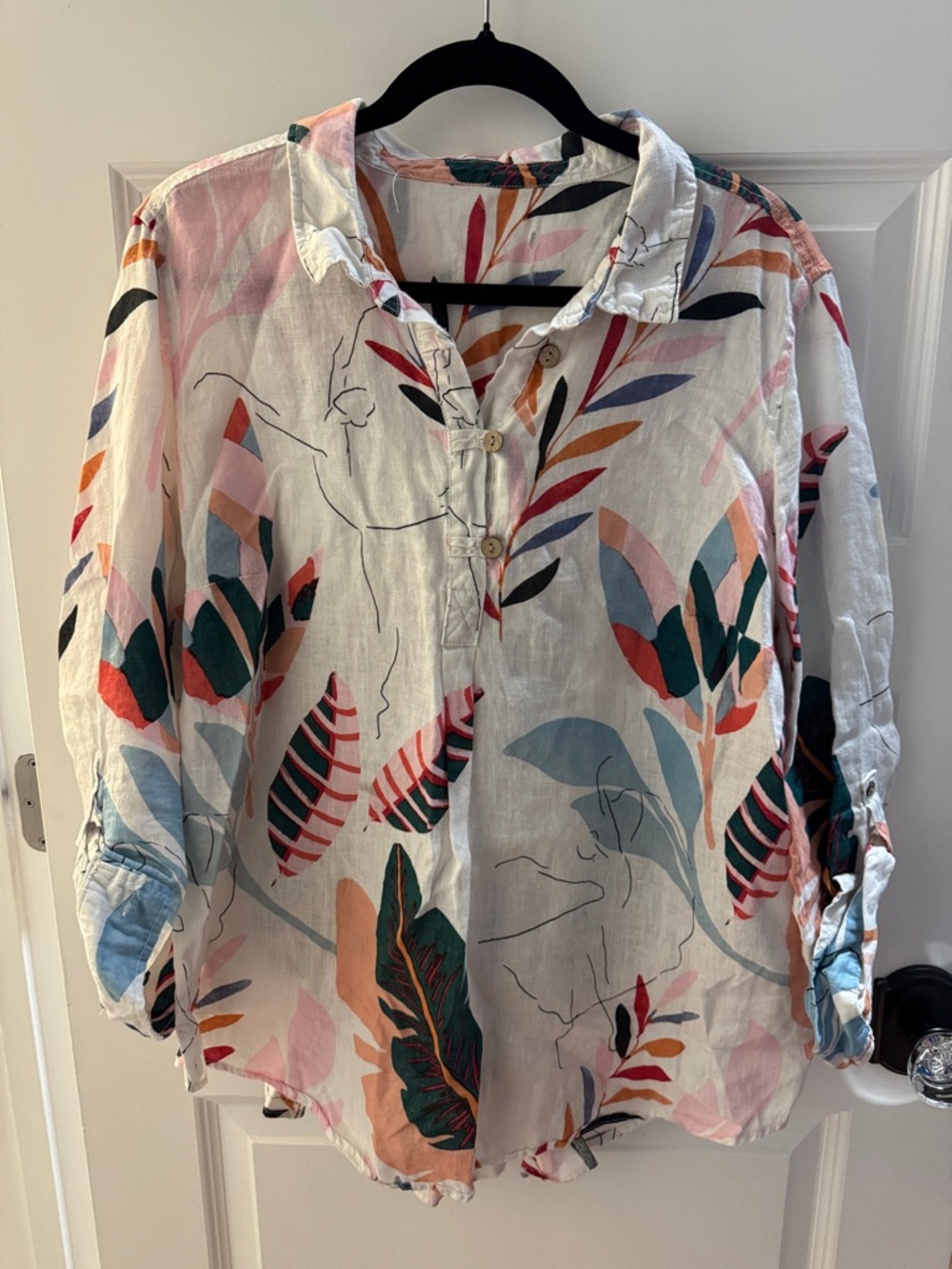 White Linen Botanical Print Button-Front Tunic Top